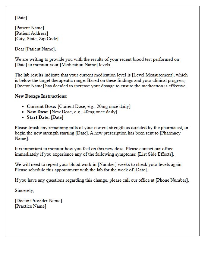 Dosage Increase Medication Level Monitoring Results Letter