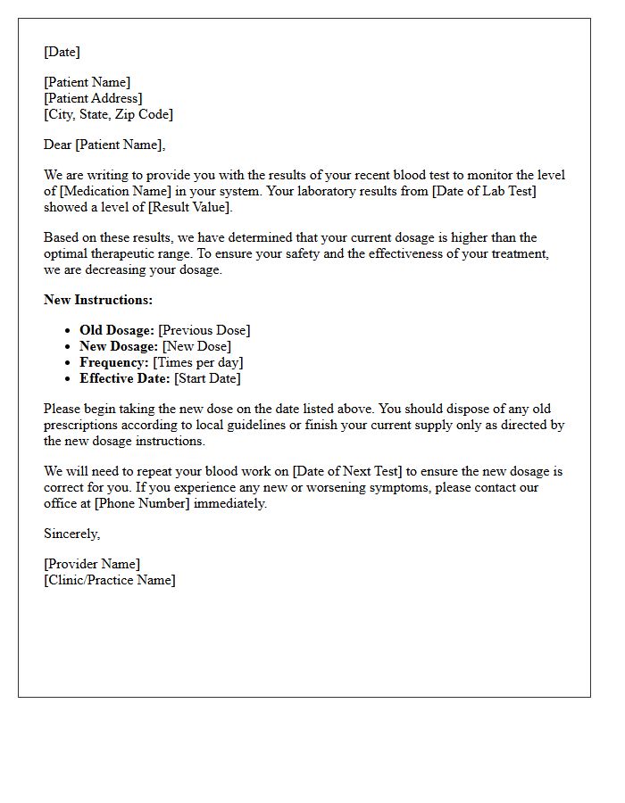 Dosage Decrease Medication Level Monitoring Results Letter