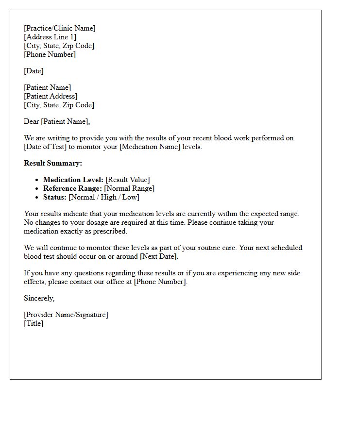 Routine Baseline Medication Level Monitoring Results Letter