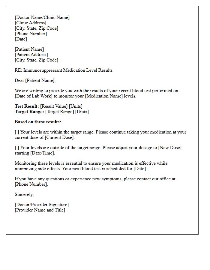 Immunosuppressant Medication Level Monitoring Results Letter