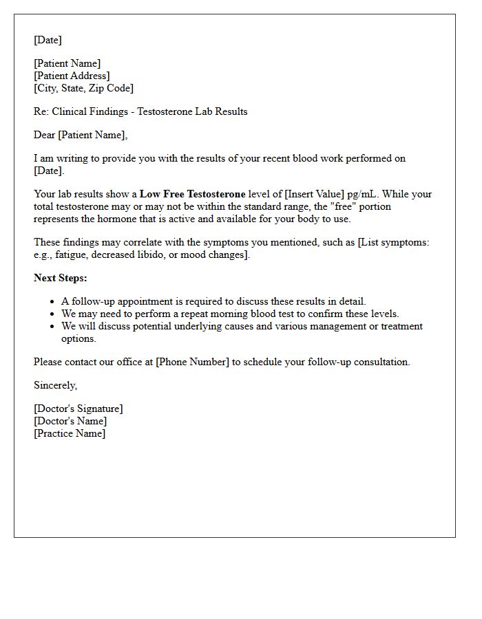 Low Free Testosterone Clinical Findings Letter