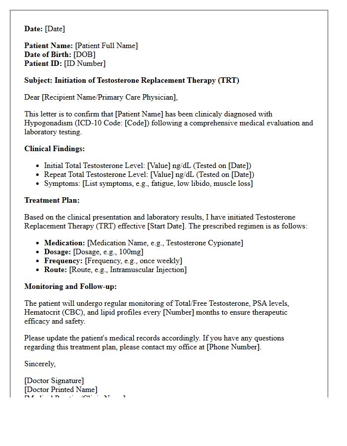 Testosterone Replacement Therapy Initiation Letter