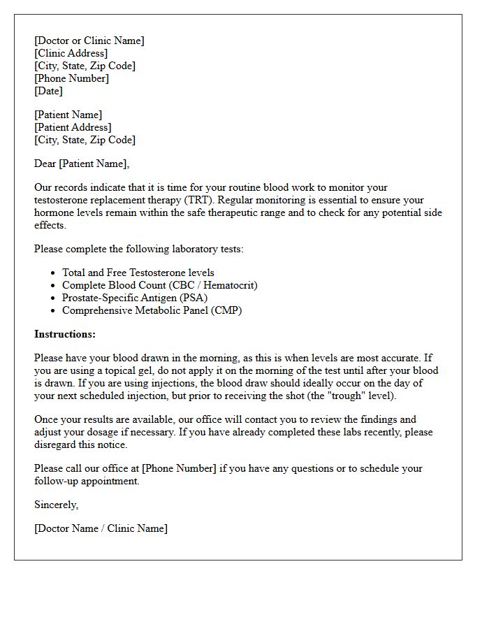 Routine Testosterone Monitoring Patient Letter