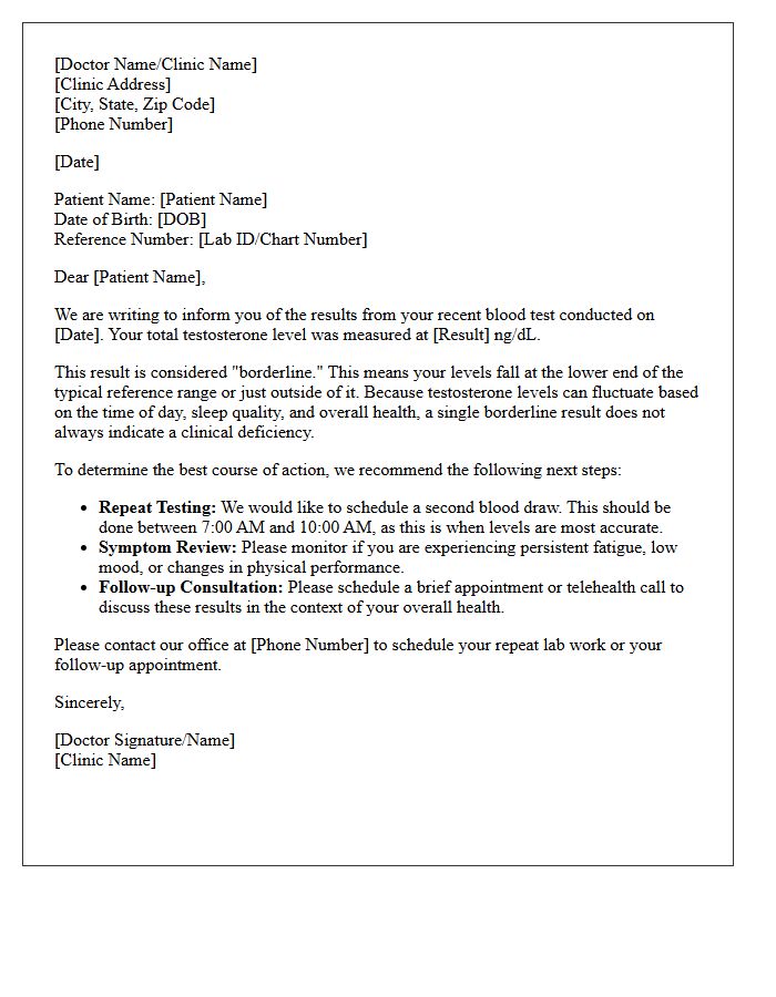 Borderline Testosterone Results Follow-Up Letter