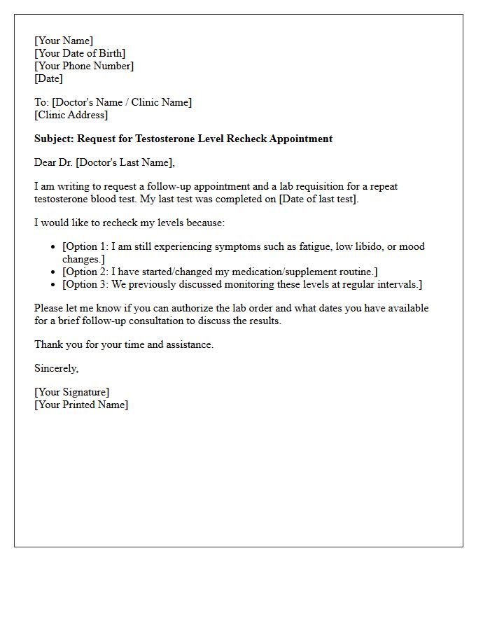 Testosterone Level Recheck Appointment Request Letter