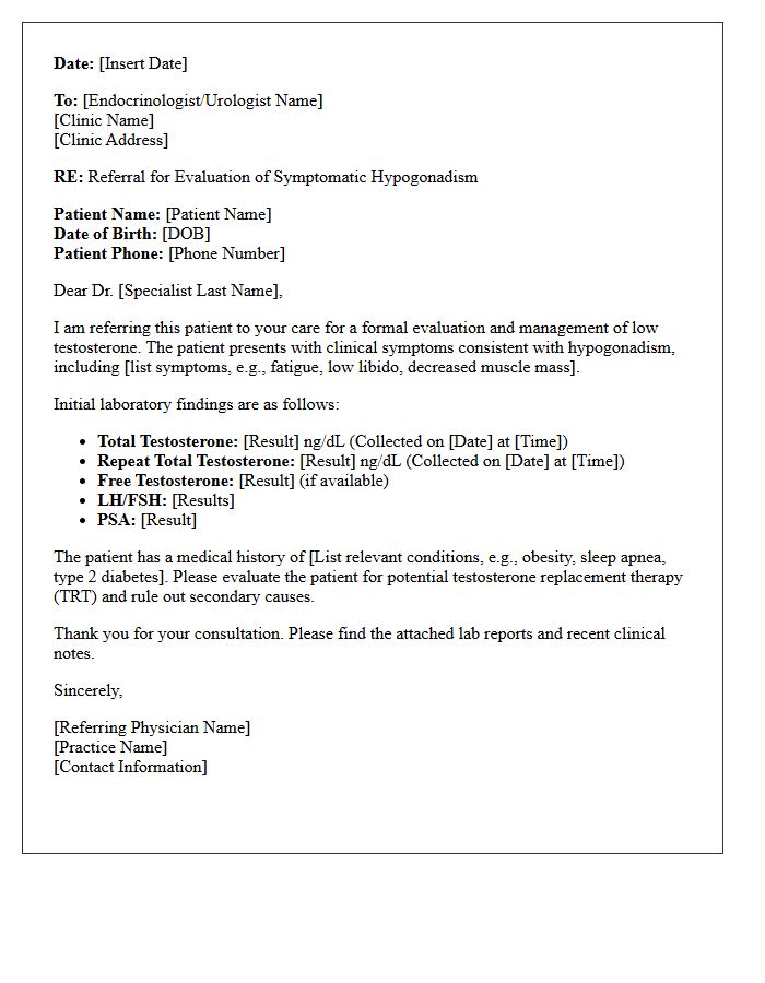 Specialist Referral for Low Testosterone Letter