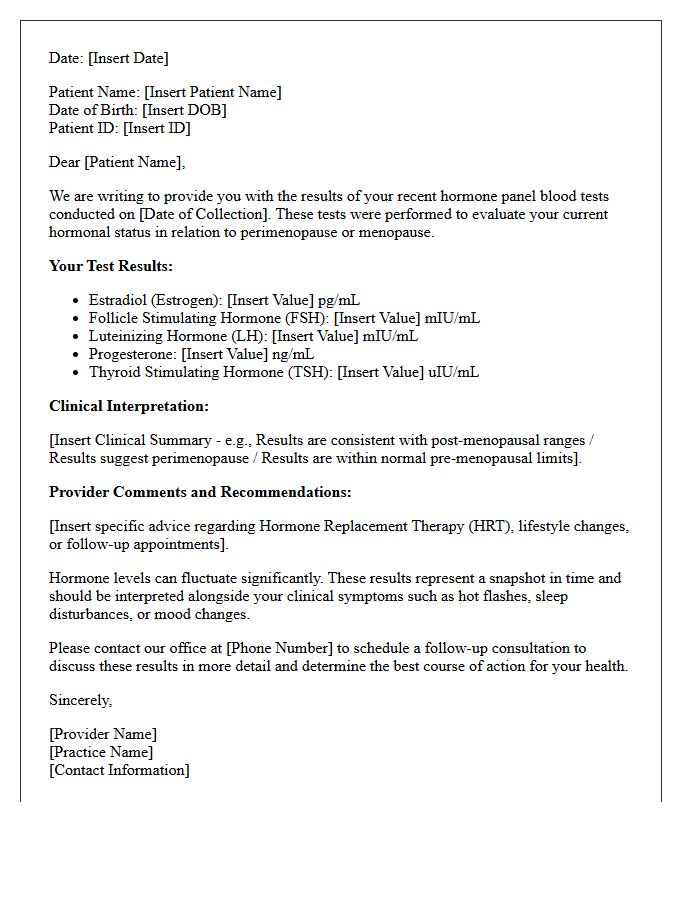 Female Menopause Hormone Panel Results Letter