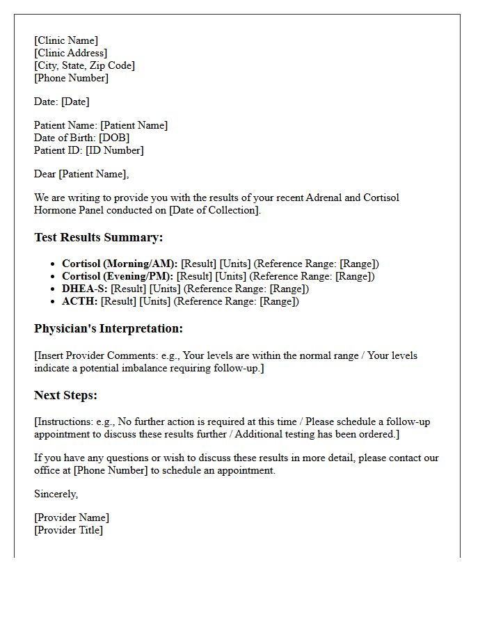 Adrenal and Cortisol Hormone Panel Results Letter