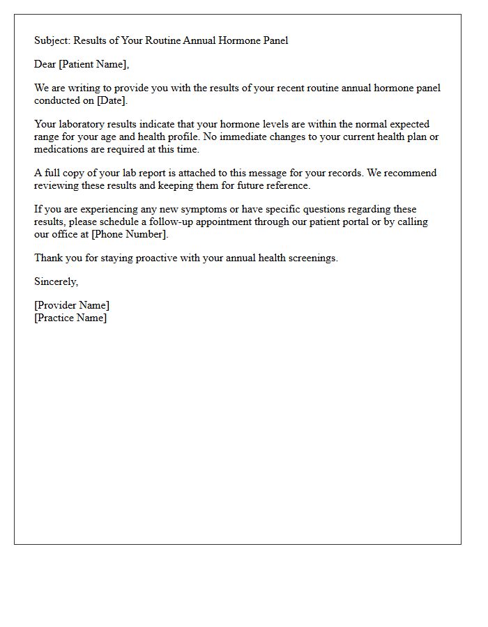 Routine Annual Hormone Panel Results Letter