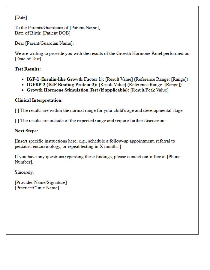 Pediatric Growth Hormone Panel Results Letter