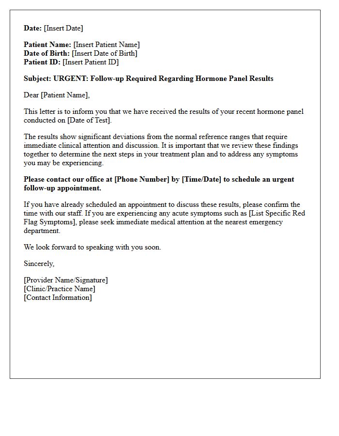 Urgent Hormone Panel Results Follow-Up Letter