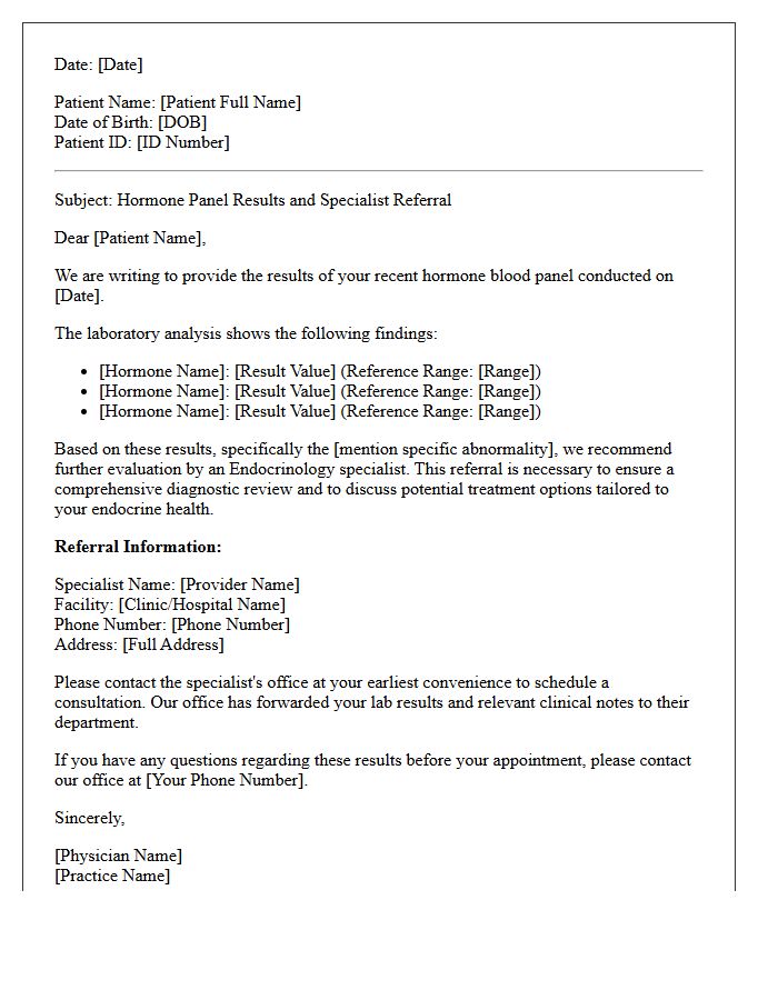 Hormone Panel Results and Specialist Referral Letter