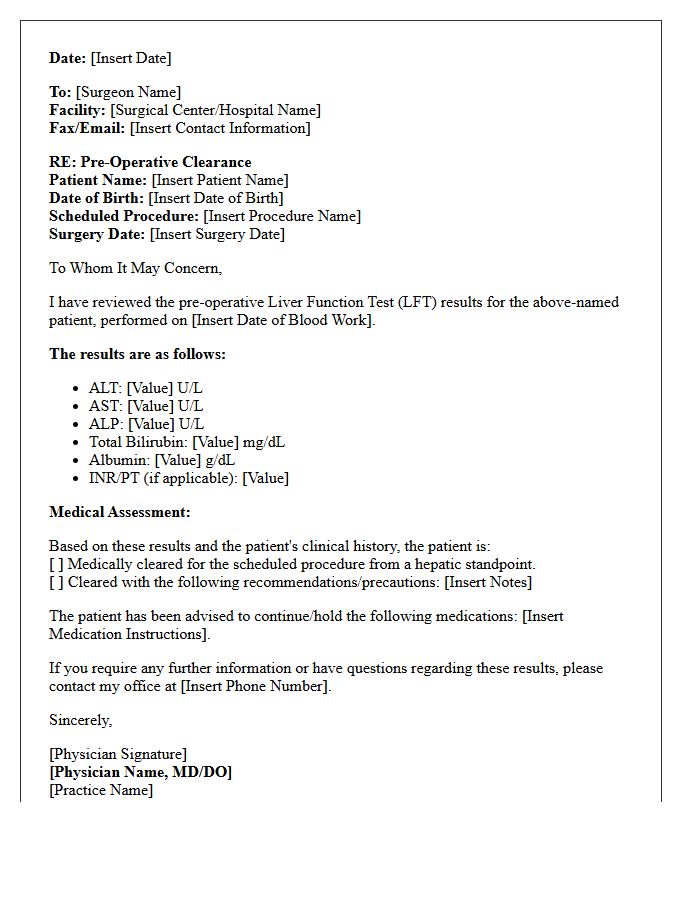 Pre-Operative Liver Function Test Results Clearance Letter