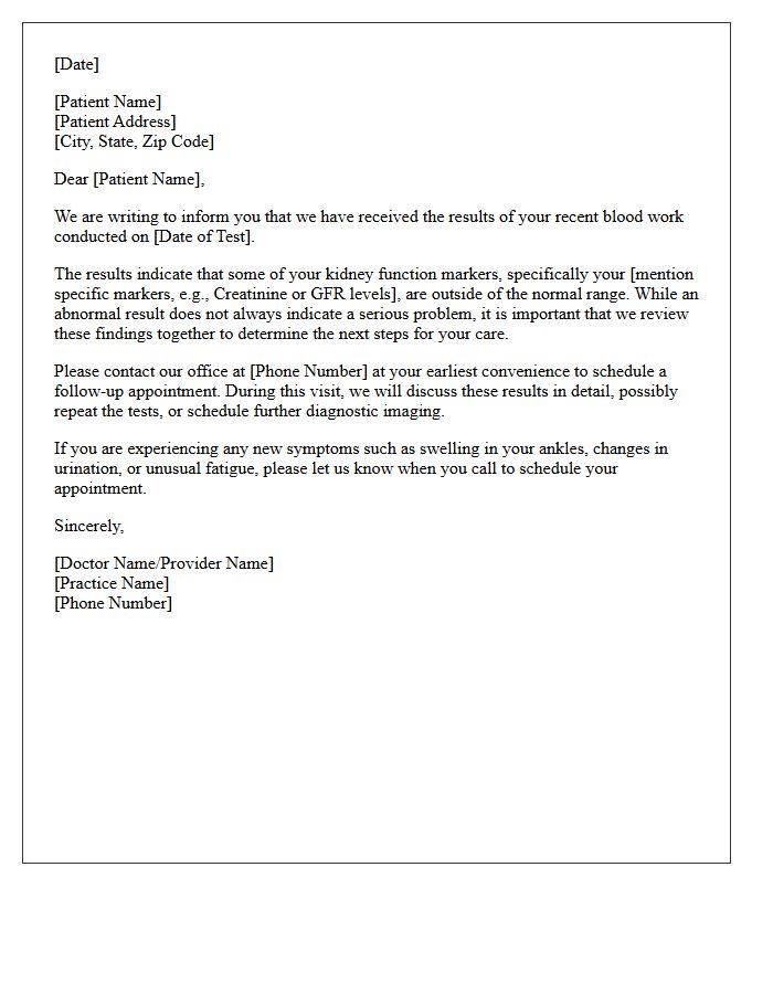 Abnormal Kidney Function Test Results Notification Letter