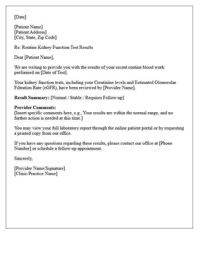 Routine Kidney Function Test Results Letter