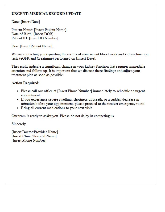 Urgent Kidney Function Test Results Letter