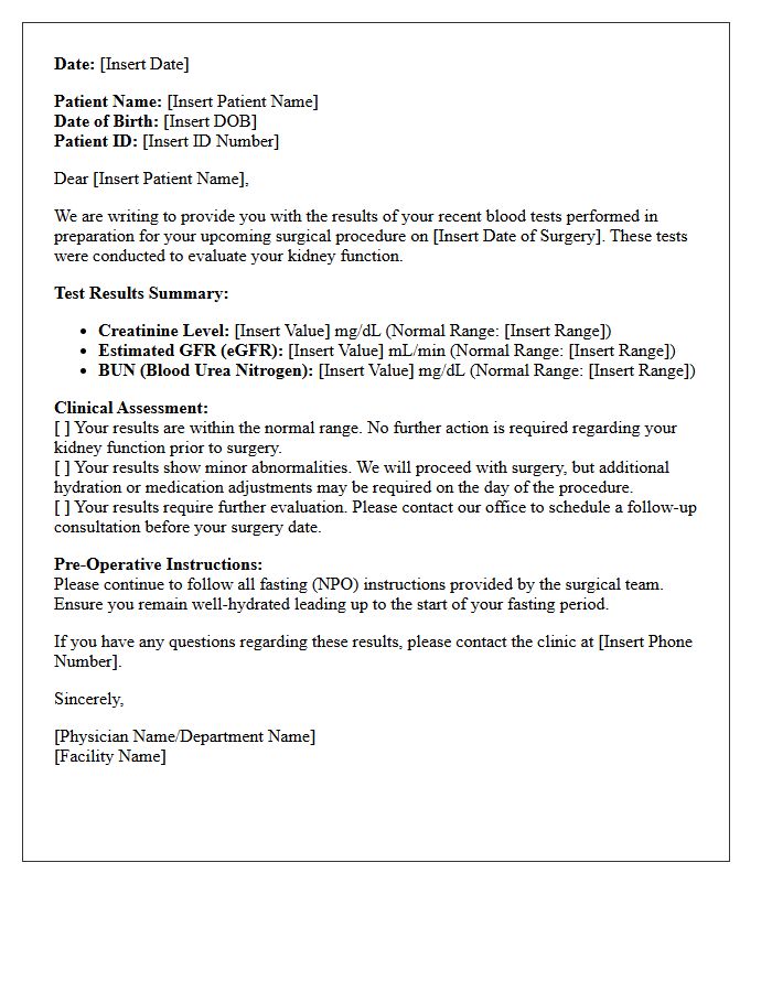 Pre-Operative Kidney Function Test Results Letter