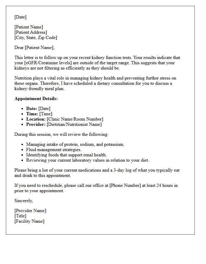 Dietary Consultation Kidney Function Test Results Letter