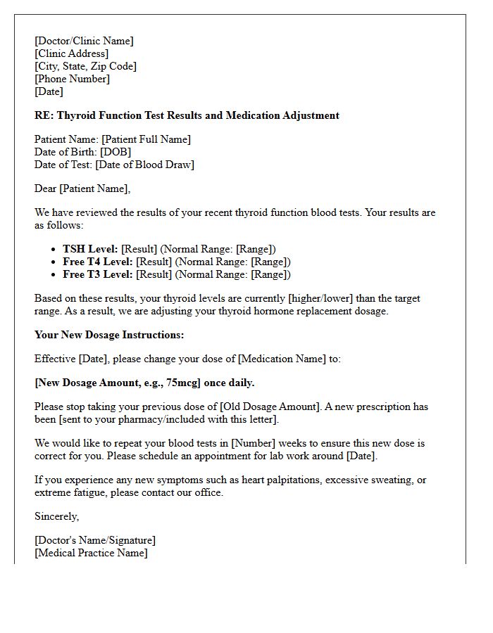 Thyroid Function Test Results and Dosage Alteration Letter