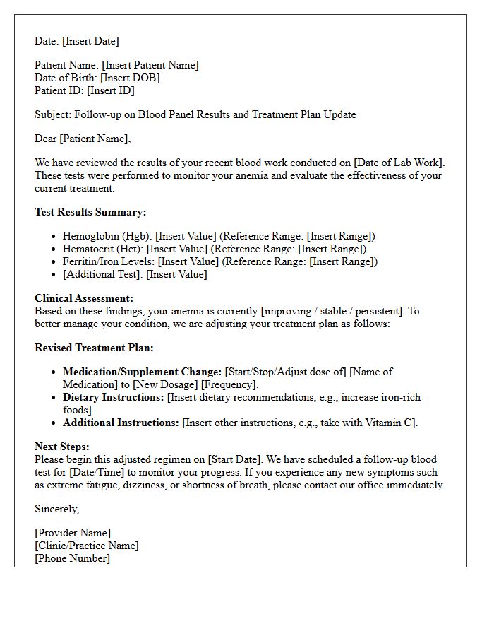 Anemia Blood Panel Results and Treatment Adjustment Letter