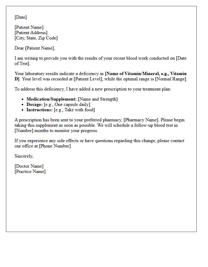 Vitamin Deficiency Test Results and Prescription Addition Letter