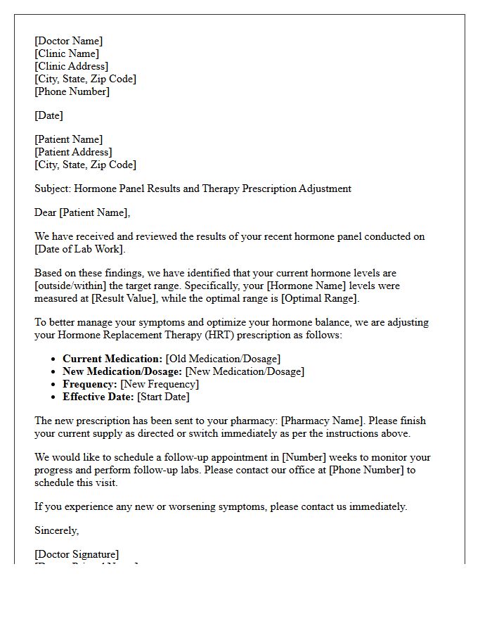 Hormone Panel Results and Therapy Prescription Adjustment Letter