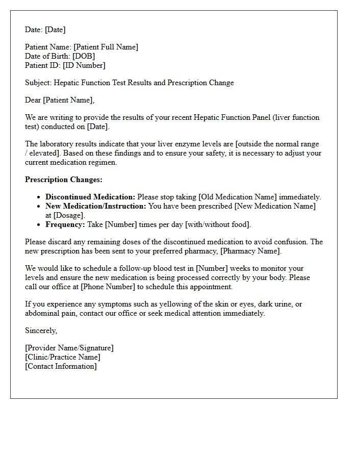 Hepatic Function Test Results and Prescription Change Letter