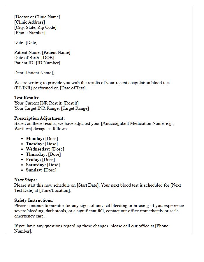 Coagulation Blood Test Results and Anticoagulant Prescription Adjustment Letter