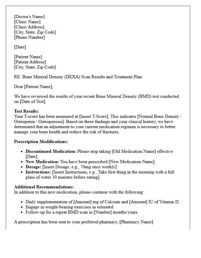 Bone Mineral Density Test Results and Prescription Modification Letter