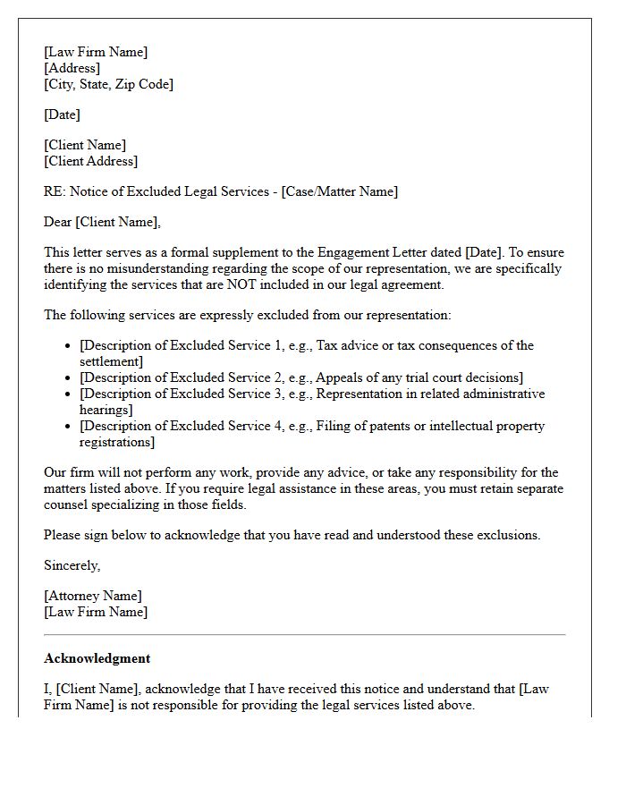 Excluded Legal Services in the Engagement Letter