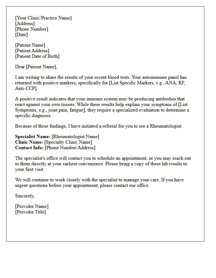 Positive Autoimmune Panel Results and Rheumatology Referral Letter