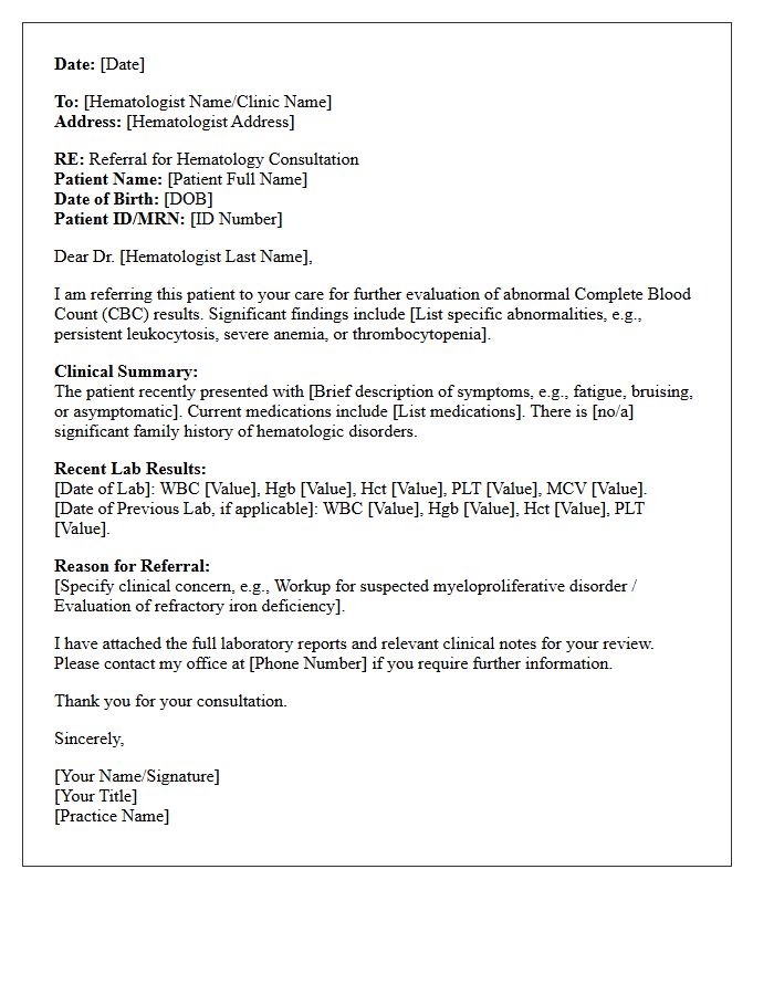 Abnormal Complete Blood Count Results and Hematology Referral Letter