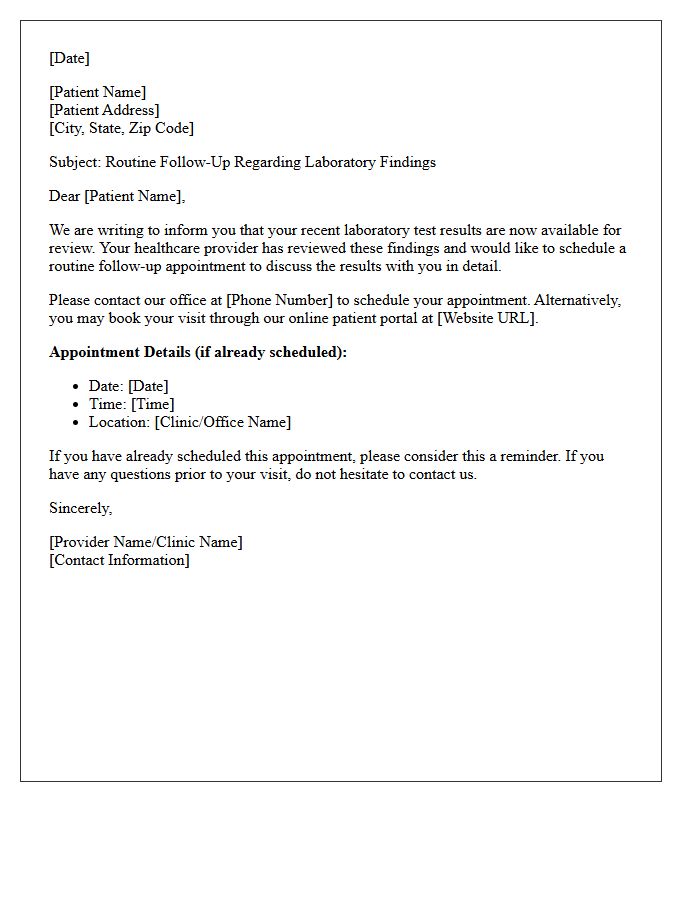 Laboratory Findings Routine Follow-Up Appointment Letter