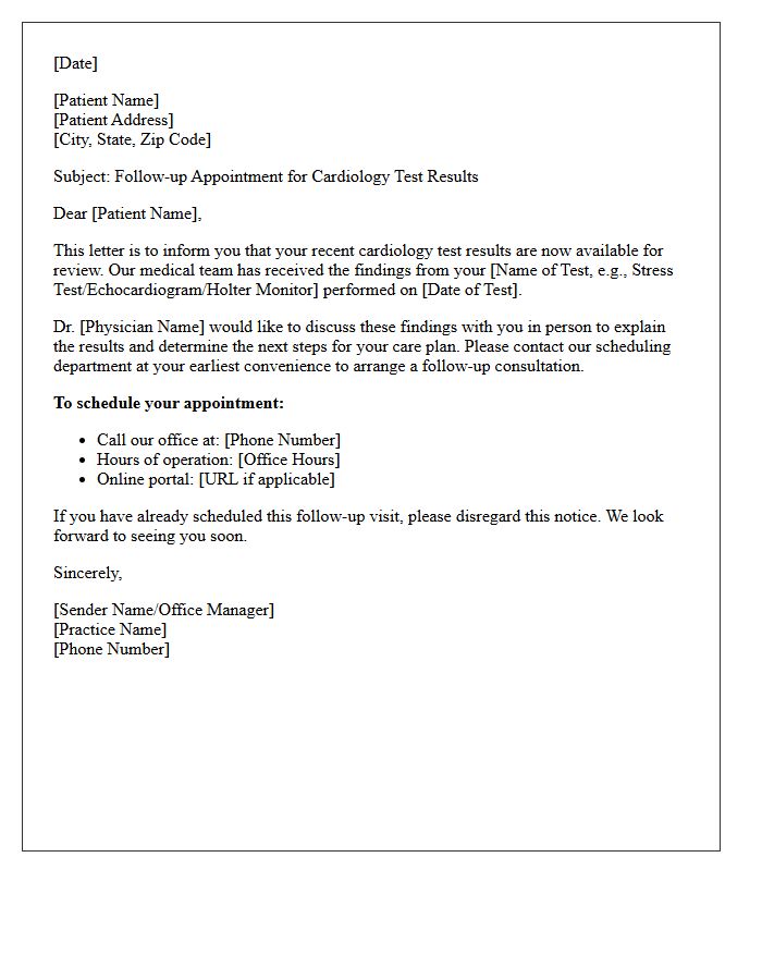 Cardiology Test Findings Consultation Scheduling Letter