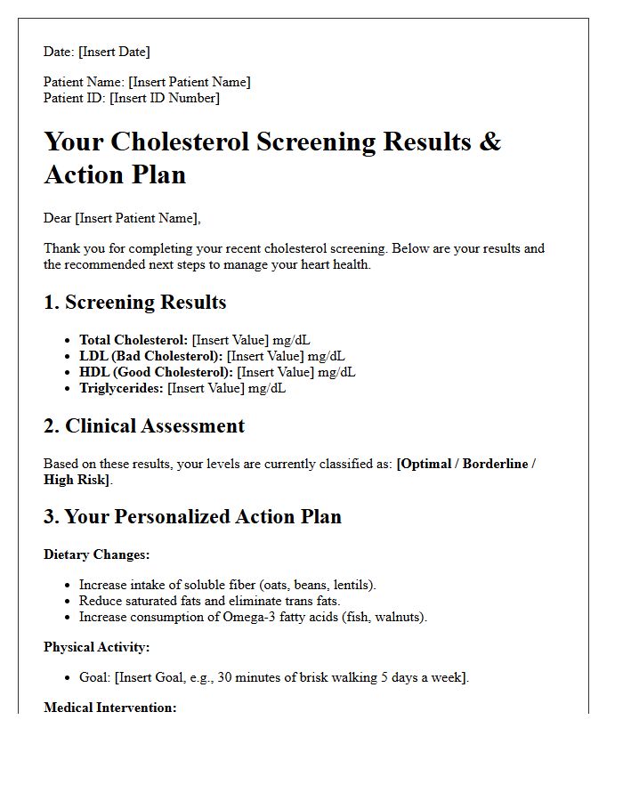 Cholesterol Screening Results Action Plan Letter