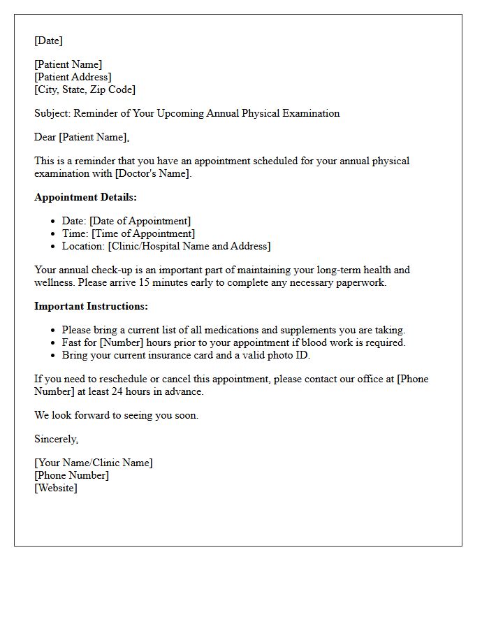 Annual Physical Examination Upcoming Appointment Letter