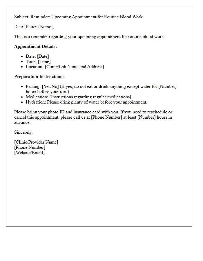 Routine Blood Work Upcoming Appointment Reminder Letter