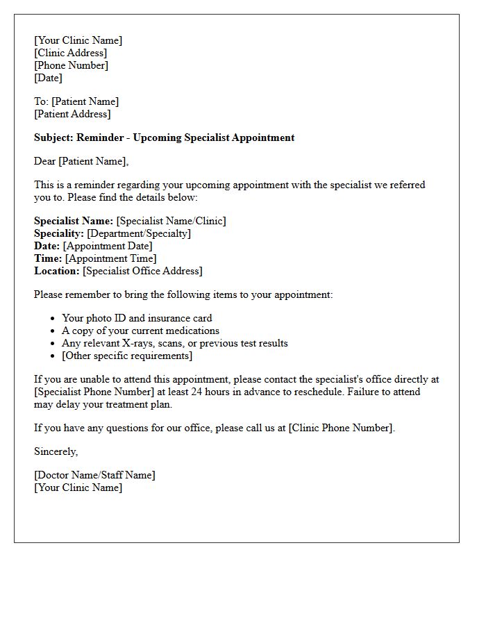 Specialist Referral Upcoming Appointment Reminder Letter