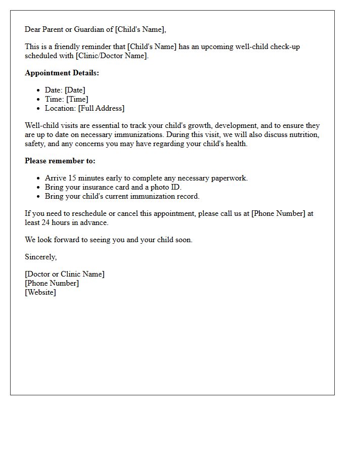Pediatric Well-Child Upcoming Appointment Reminder Letter
