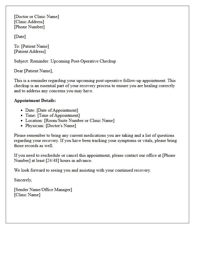 Post-Operative Checkup Upcoming Appointment Reminder Letter