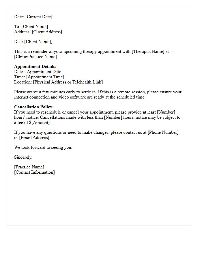 Mental Health Therapy Upcoming Appointment Reminder Letter