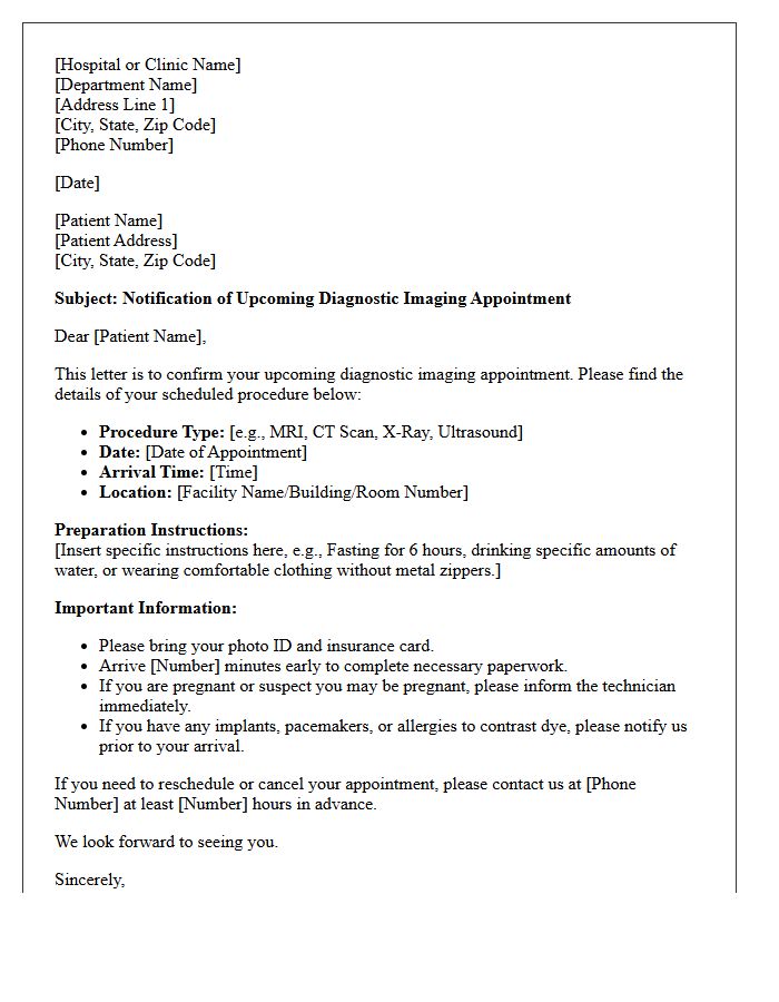 Diagnostic Imaging Procedure Upcoming Appointment Letter