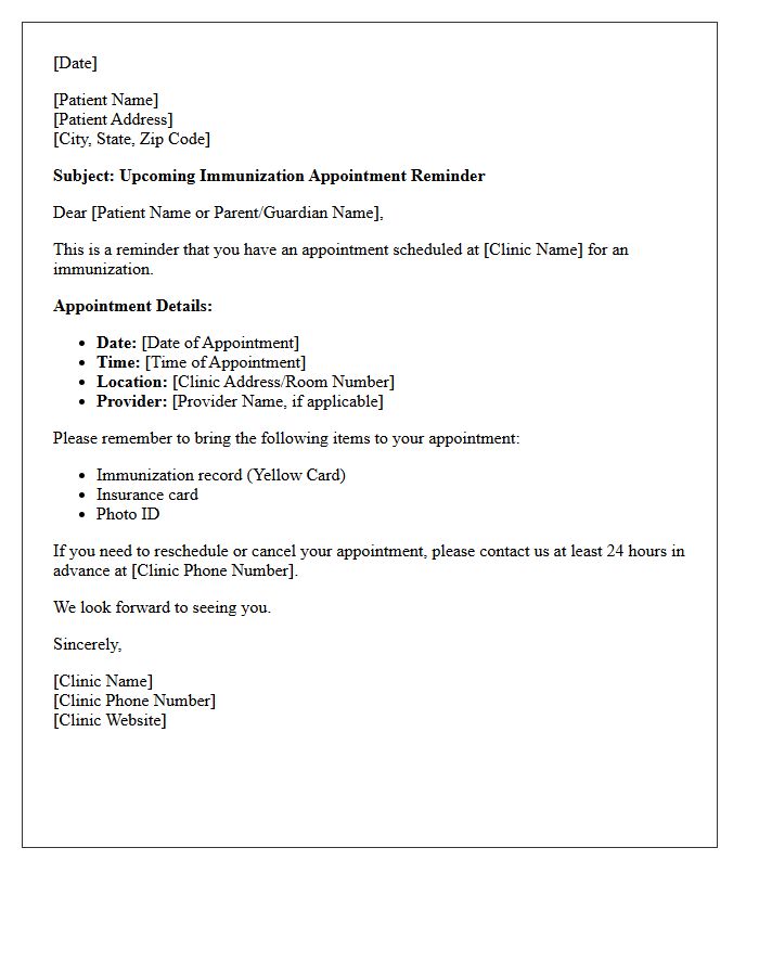 Immunization Clinic Upcoming Appointment Reminder Letter