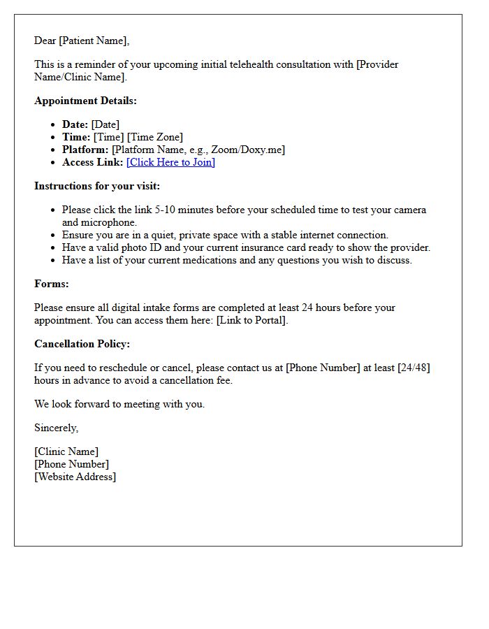 Telehealth New Patient Initial Consultation Reminder Letter