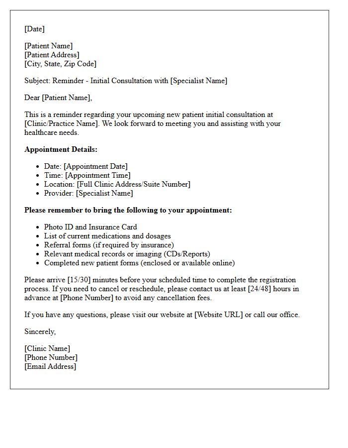 Specialist New Patient Initial Consultation Reminder Letter