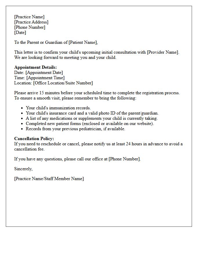 Pediatric New Patient Initial Consultation Reminder Letter