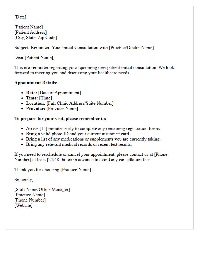 Pre-Appointment New Patient Initial Consultation Reminder Letter