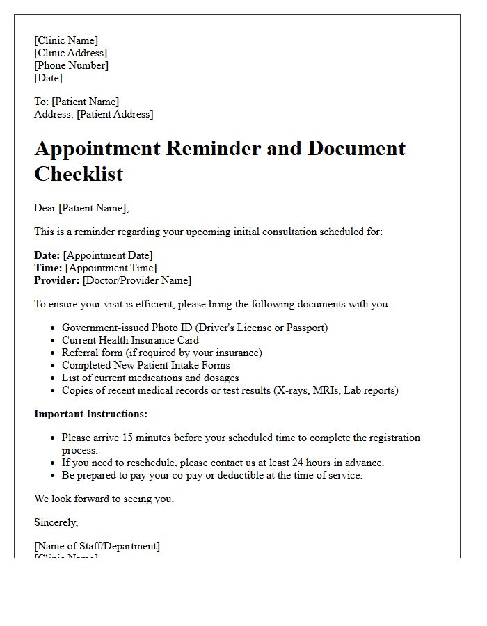 Document Checklist And New Patient Initial Consultation Reminder Letter