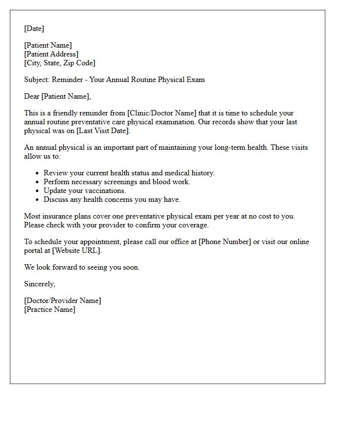 Routine Preventative Care Physical Reminder Letter