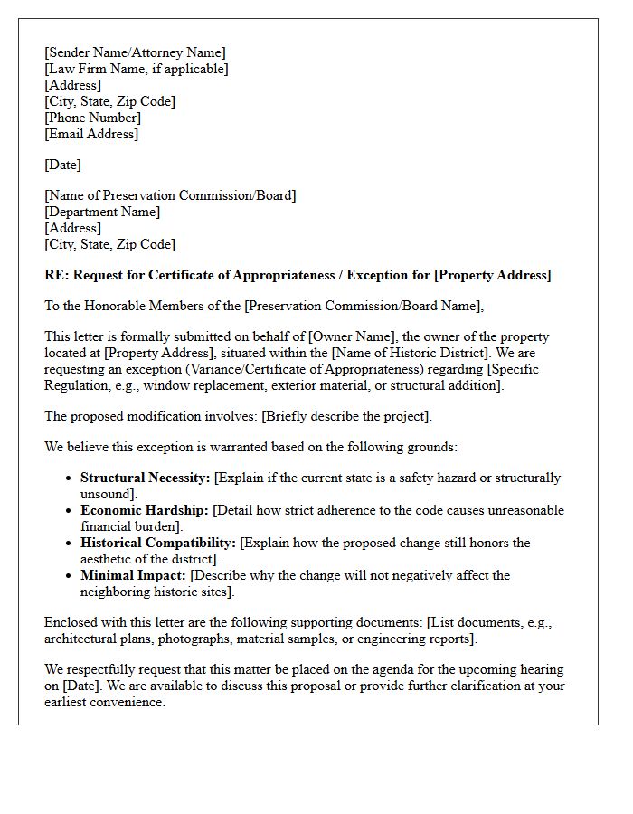 Historic Preservation District Exception Request Legal Letter